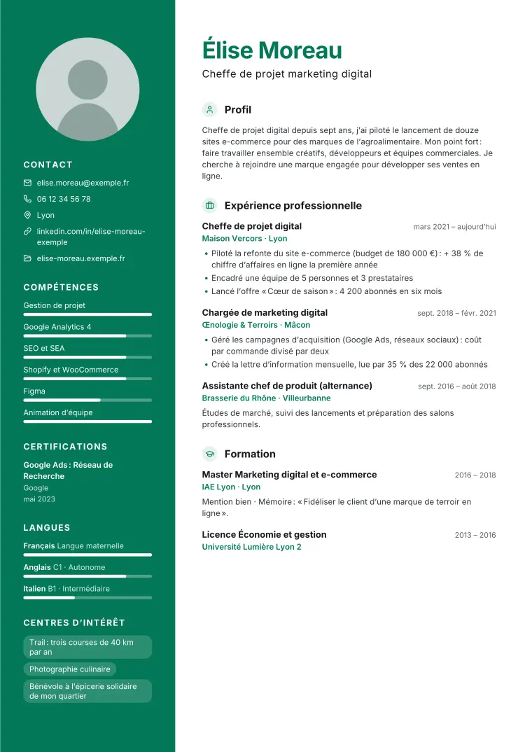 Aperçu du modèle de CV Créatif