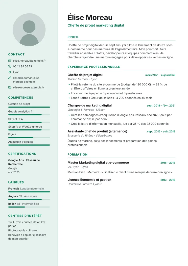 Aperçu du modèle de CV Deux colonnes