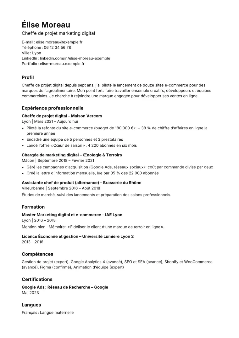 Aperçu : CV « ATS » rempli avec un exemple fictif