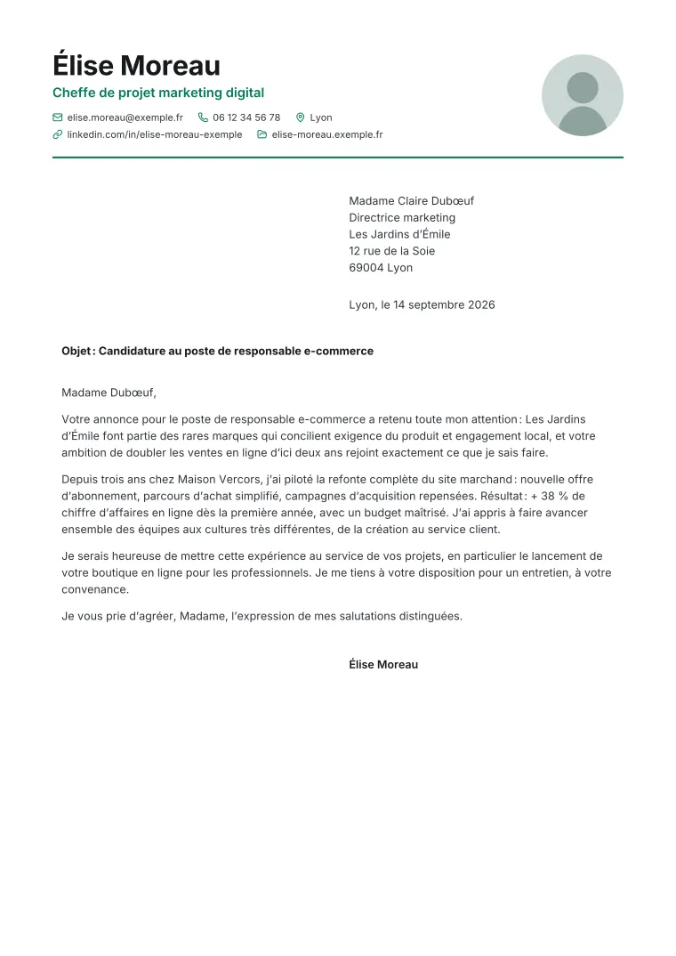 Aperçu : lettre de motivation « Classique » rempli avec un exemple fictif